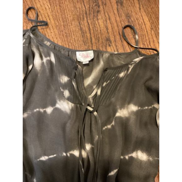 Parker Brown 100% Silk Tie-Dye Blouson Off Shoulder Sleeve Mesh Short Dress L - Picture 6 of 6